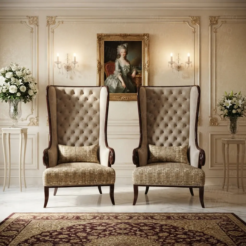 1 (1) High Back Lord Chairs with Elegant Console and Large Mirror