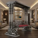 Handmade wooden jhula with silver antique finish, carved elephants on pillars, traditional two-seater indoor swing design
