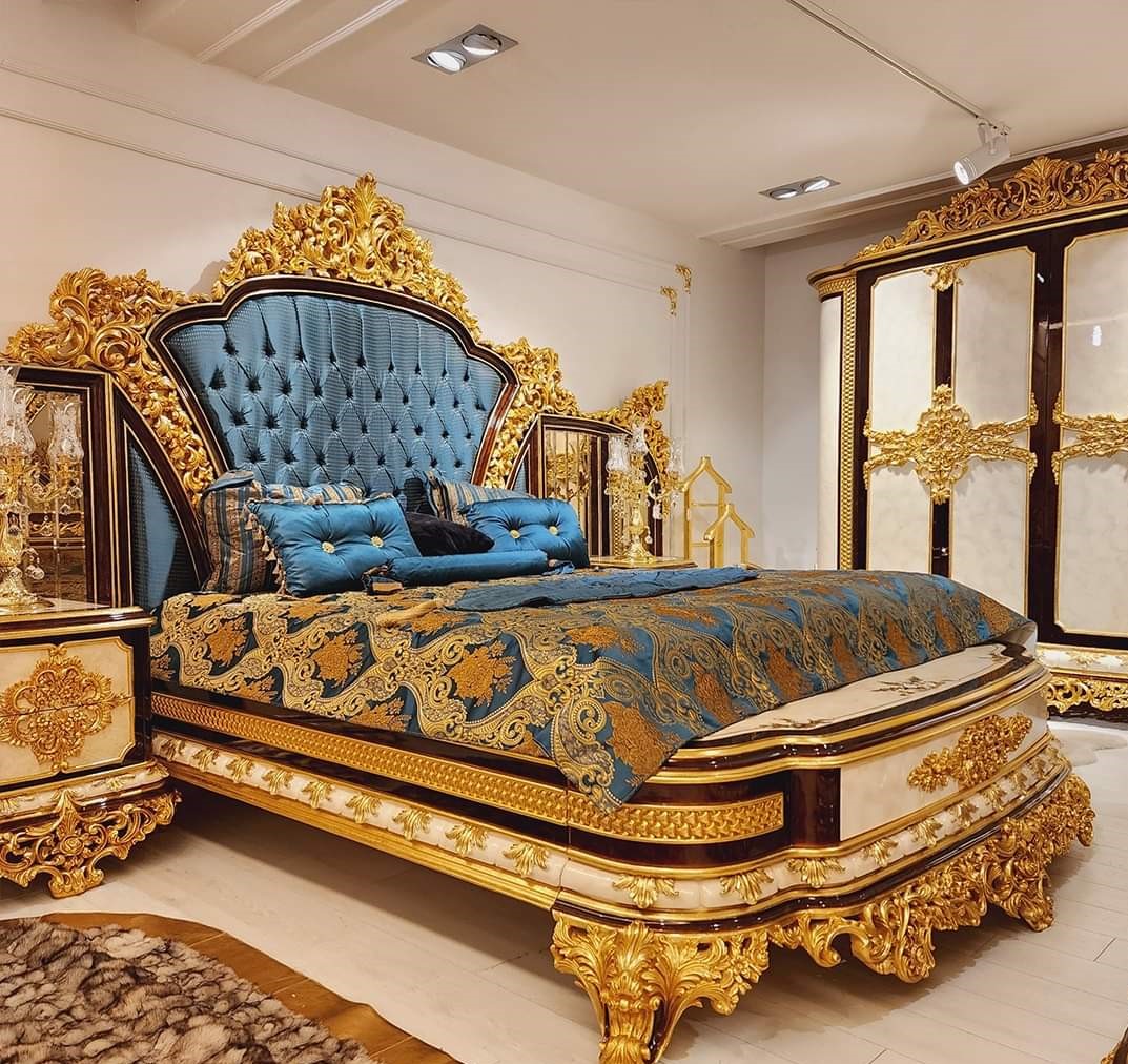 Royal Italian Bedroom Set by Haq Bahoo Chiniot Furniture - Luxurious handcrafted furniture with ornate details and Italian design elements.