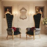 Majestic High Back Regal Golden Chairs with Large Golden Console and Mirror