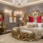 Royal round bed design with golden and white finish and maroon upholstery