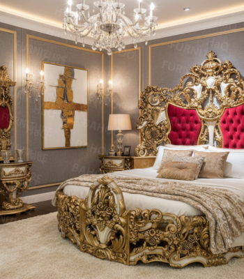 Royal round bed design with golden and white finish and maroon upholstery