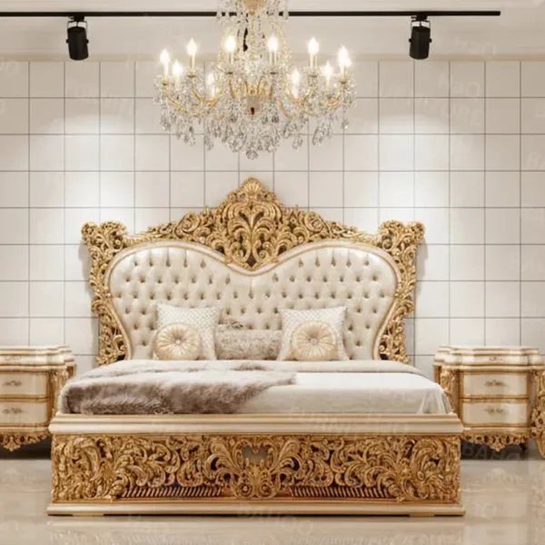 latest bed designs in pakistan have haq bahoo furniture. this bed include side table and dressing in premium gold finish with white upholstery at headboard