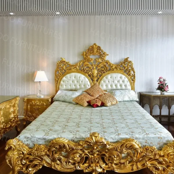 gold leaf bed design in pakistan. side table and dressing also gold leafing