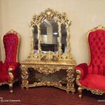 Majestic High Back Regal Golden Chairs with Large Golden Console and Mirror