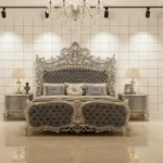 Luxury wooden bedroom set by Haq Bahoo Furniture in Faisalabad featuring a carved king-size bed, dressing table, and side tables.