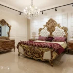 luxury bed set design with side tables and dressing