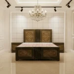 modern bed designs in pakistan along with side tables and dressing