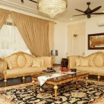 Luxury 7 seater sofa set with rosewood frame and gold hand carving by Haq Bahoo Furniture