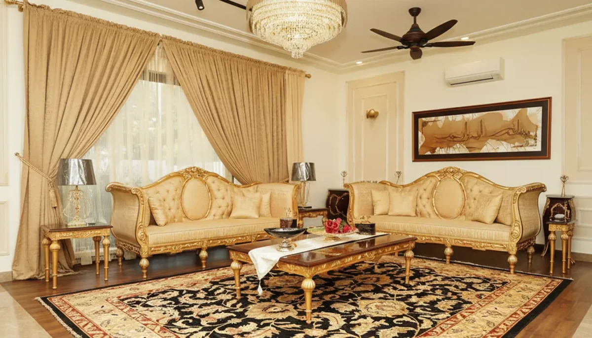 lounge sofa Luxury 7 seater sofa set with rosewood frame and gold hand carving by Haq Bahoo Furniture