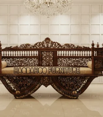 Stunning royal handmade rosewood divan sofa with heavy jali carving and cream cushion by Haq Bahoo Furniture