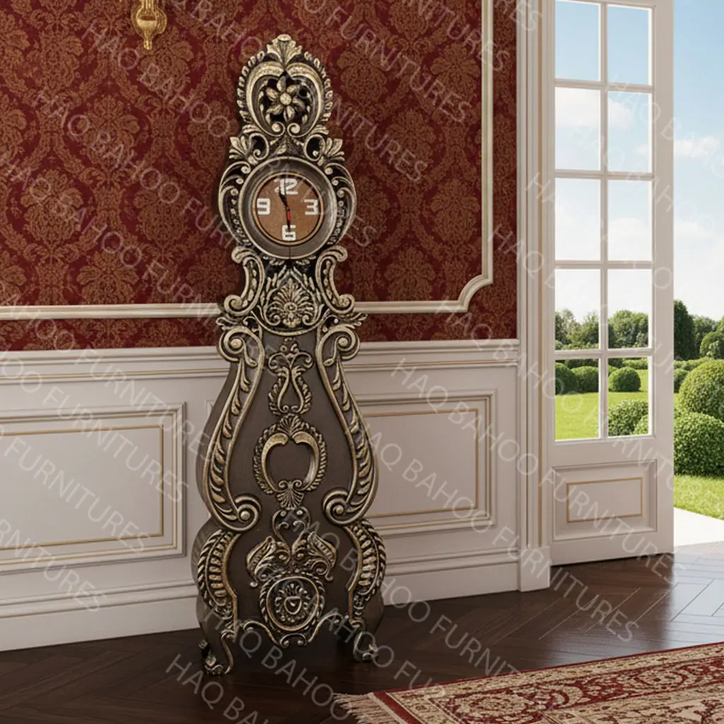 Ridgeway grandfather clock handmade in rosewood with golden antique finish, 60-inch hand-carved floor clock