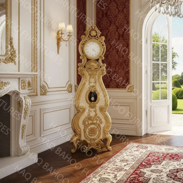 Antique grandfather clock handmade in rosewood with golden carving and white accents, 60-inch floor clock