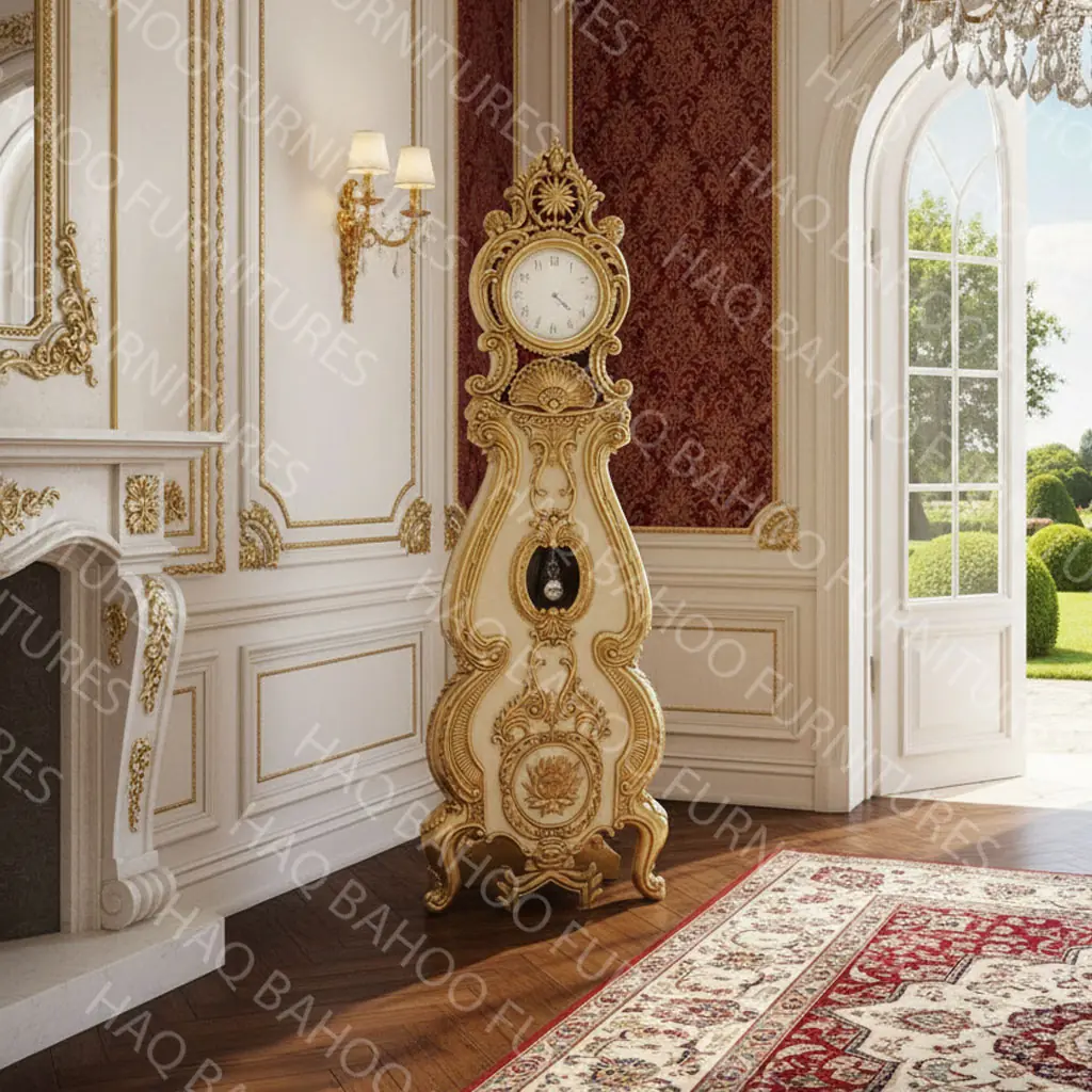 Antique grandfather clock handmade in rosewood with golden carving and white accents, 60-inch floor clock