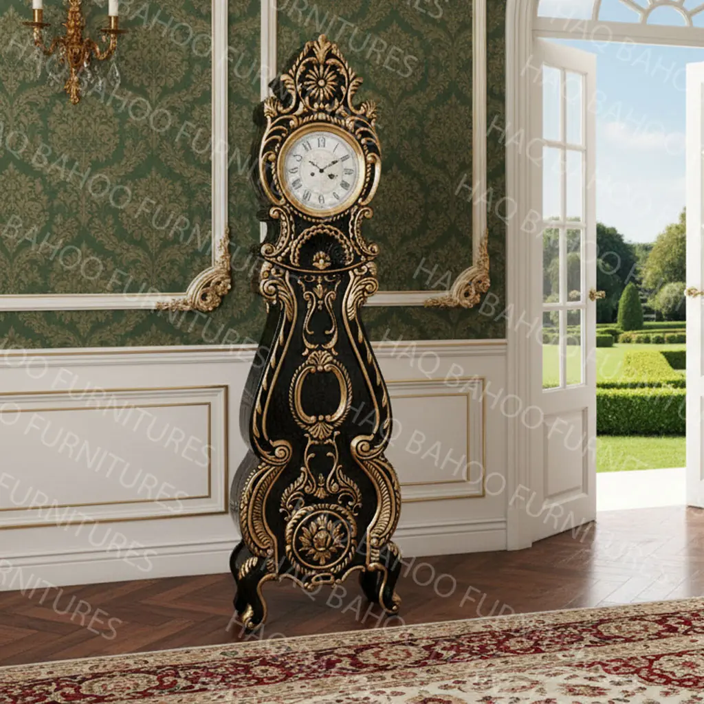Handmade rosewood grandmother clock with black two-tone finish, 60-inch hand-carved floor clock
