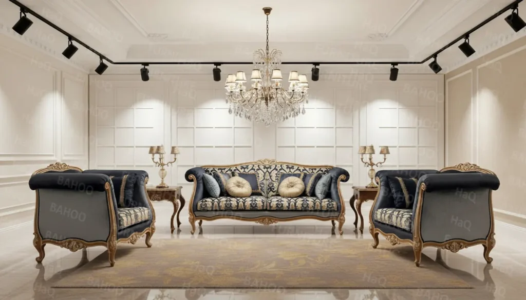 Hand-carved sofa set with Turkish fabric – similar to Habitt style