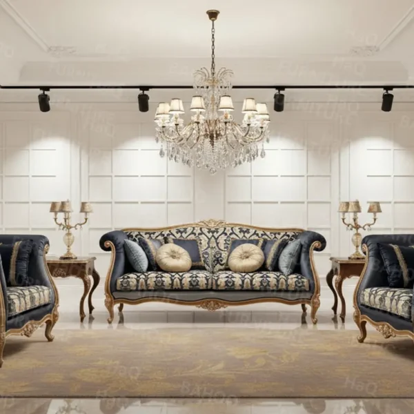 Hand-carved sofa set with Turkish fabric – similar to Habitt style