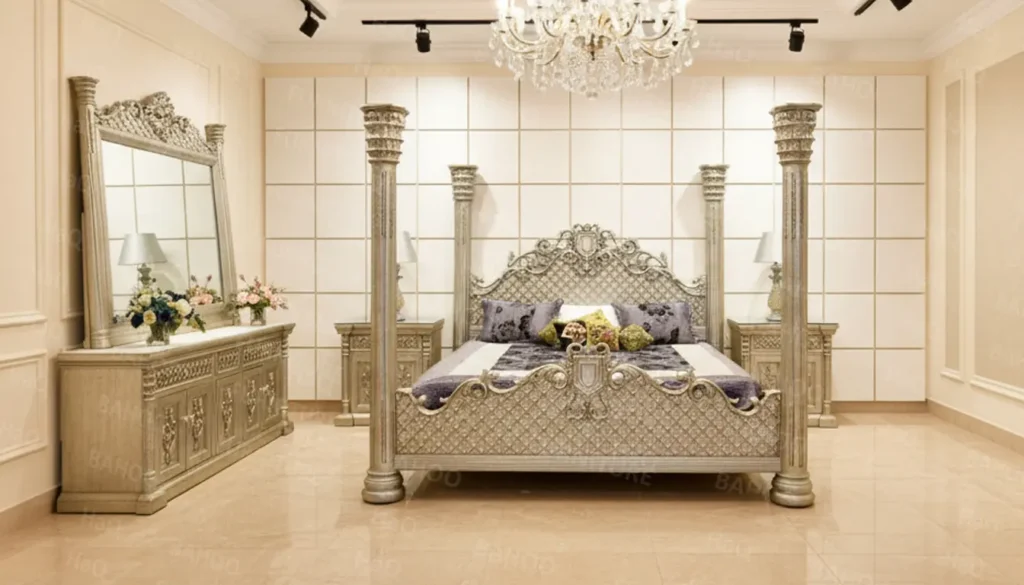 Silver four-poster bed set with dresser and bedside tables by Haq Bahoo Furniture – luxury bedroom furniture alternative to NM Furniture