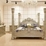 Silver four-poster bed set with dresser and bedside tables by Haq Bahoo Furniture – luxury bedroom furniture alternative to NM Furniture