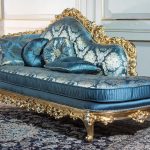 Front view of handmade wooden couch with gold finish
