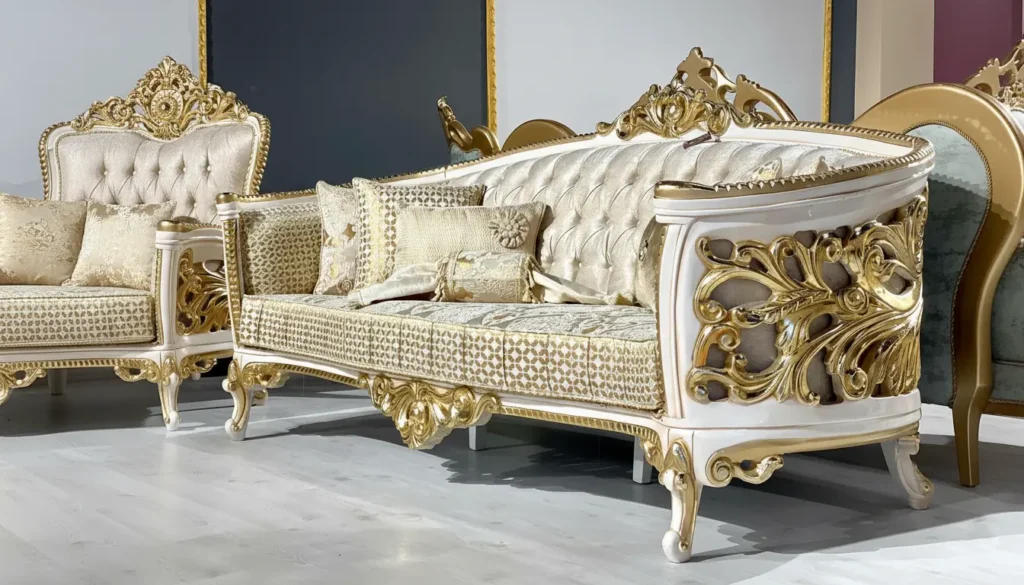 7 Seater Sofa Set Rosewood White and Gold Finish – Haq Bahoo Furniture