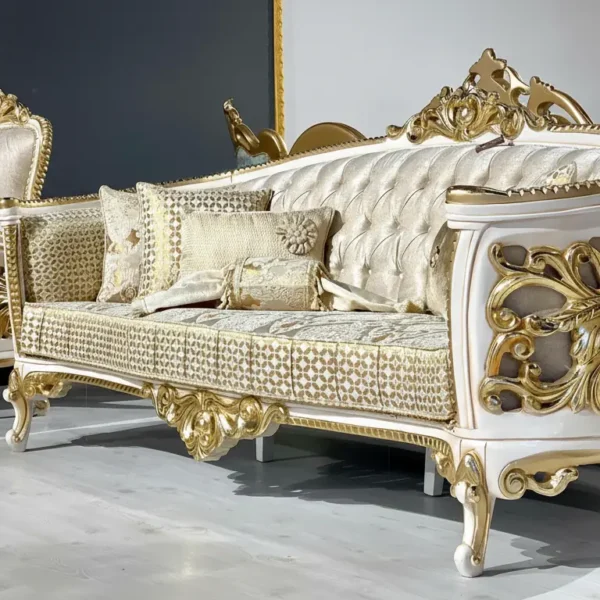 7 Seater Sofa Set Rosewood White and Gold Finish – Haq Bahoo Furniture