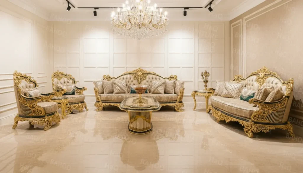 Front view of 7-seater Turkish sofa design with rosewood carving