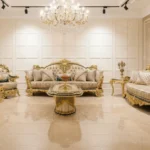 Front view of 7-seater Turkish sofa design with rosewood carving