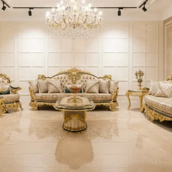 Front view of 7-seater Turkish sofa design with rosewood carving