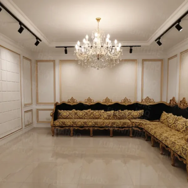 L Shape Sofa with Versace Golden Black Fabric – Haq Bahoo Furniture