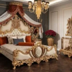 Luxury wooden bed designs Pakistan with king size bed, side tables, and dressing table – Haq Bahoo Furniture Chiniot