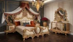 Luxury wooden bed designs Pakistan with king size bed, side tables, and dressing table – Haq Bahoo Furniture Chiniot