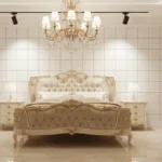 Hand-carved wooden bed set with glossy polish and upholstered headboard – available for Karachi delivery