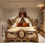 Luxury wooden bed designs Pakistan with king size bed, side tables, and dressing table – Haq Bahoo Furniture Chiniot