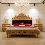 Luxury double bed designs in wood with golden carving, upholstered headboard, and side tables