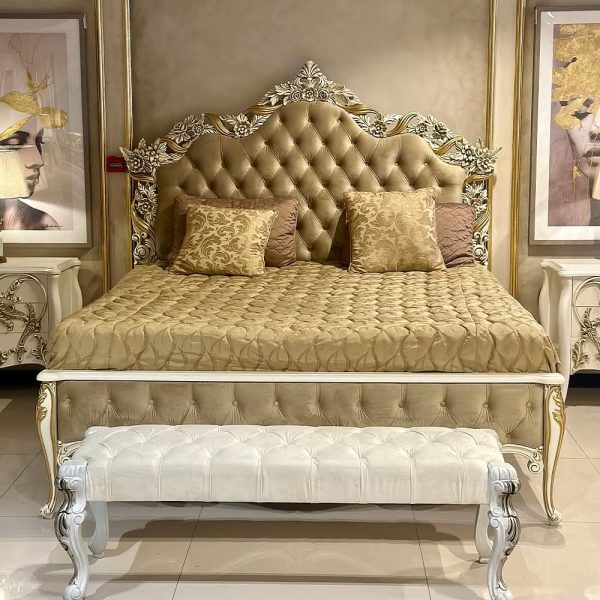 Handmade wooden bed set with carved design and upholstered headboard – furniture in Karachi Pakistan