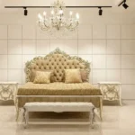 Handmade wooden bed set with carved design and upholstered headboard – furniture in Karachi Pakistan