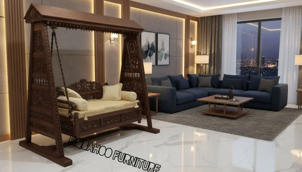 Rosewood two-seater swing jhula for home with carved sides