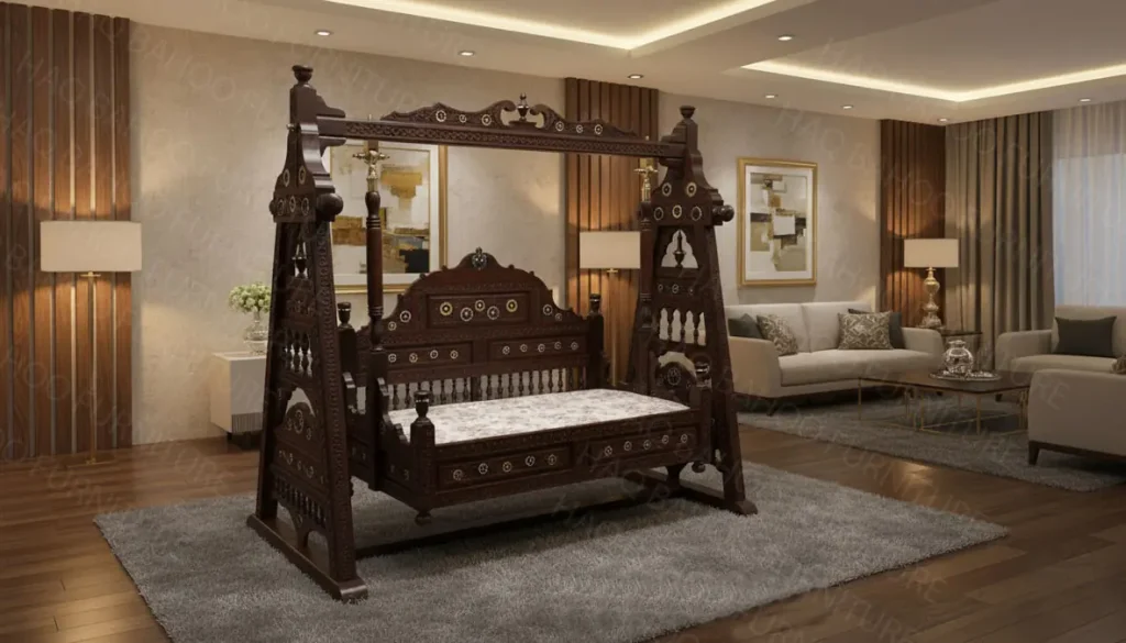 Two-seater handmade rosewood indoor swing in natural finish