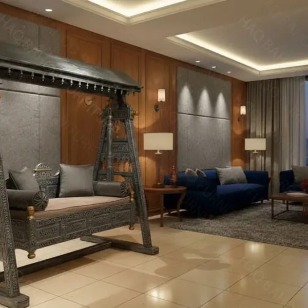 Handmade rosewood two-seater indoor swing set in silver grey wood finish