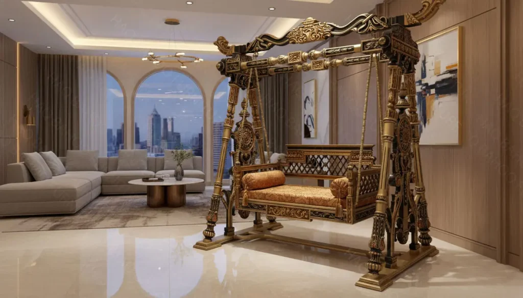 Golden hand-carved wooden swing set made from rosewood – luxury Chinioti swing for indoor home décor