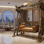 Golden hand-carved wooden swing set made from rosewood – luxury Chinioti swing for indoor home décor
