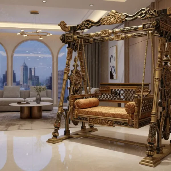 Golden hand-carved wooden swing set made from rosewood – luxury Chinioti swing for indoor home décor