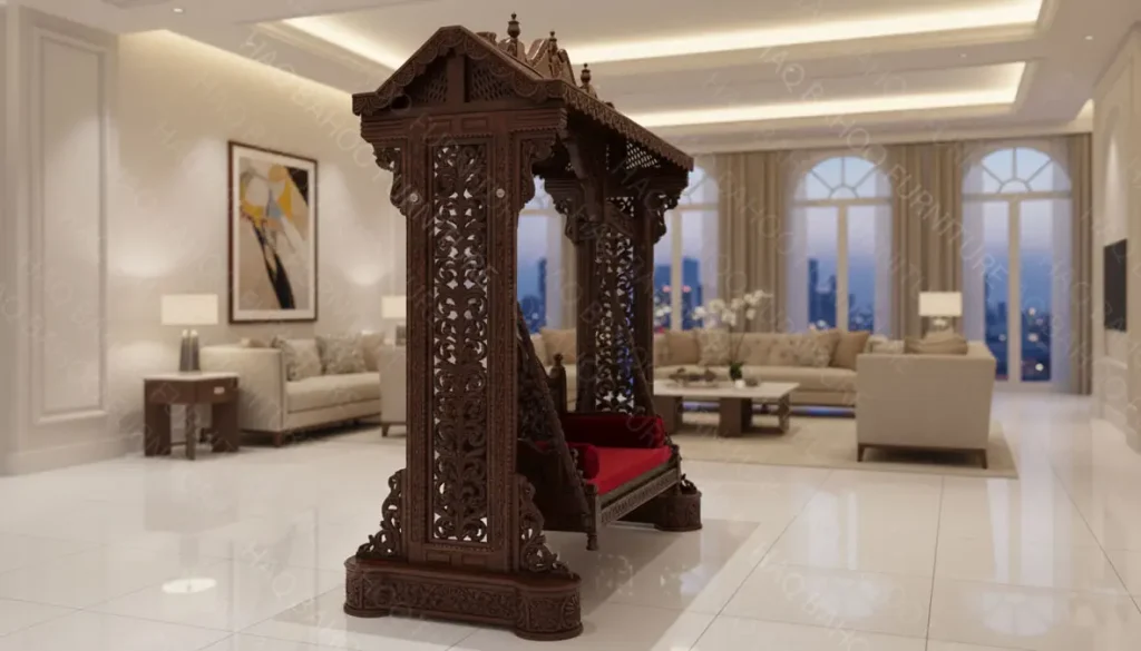 Handmade rosewood swing for home with see-through carved pillars and dark brown chocolate finish in a two-seater design
