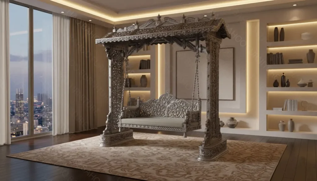 Handmade silver jhula for home with see-through carved pillars and a beautiful dolly seat designed for indoor living rooms