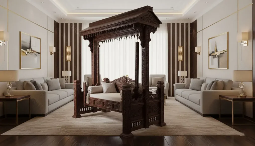 Handmade rosewood outdoor swing from Pakistan – carved wooden garden swing for patio and porch