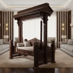 Handmade rosewood outdoor swing from Pakistan – carved wooden garden swing for patio and porch