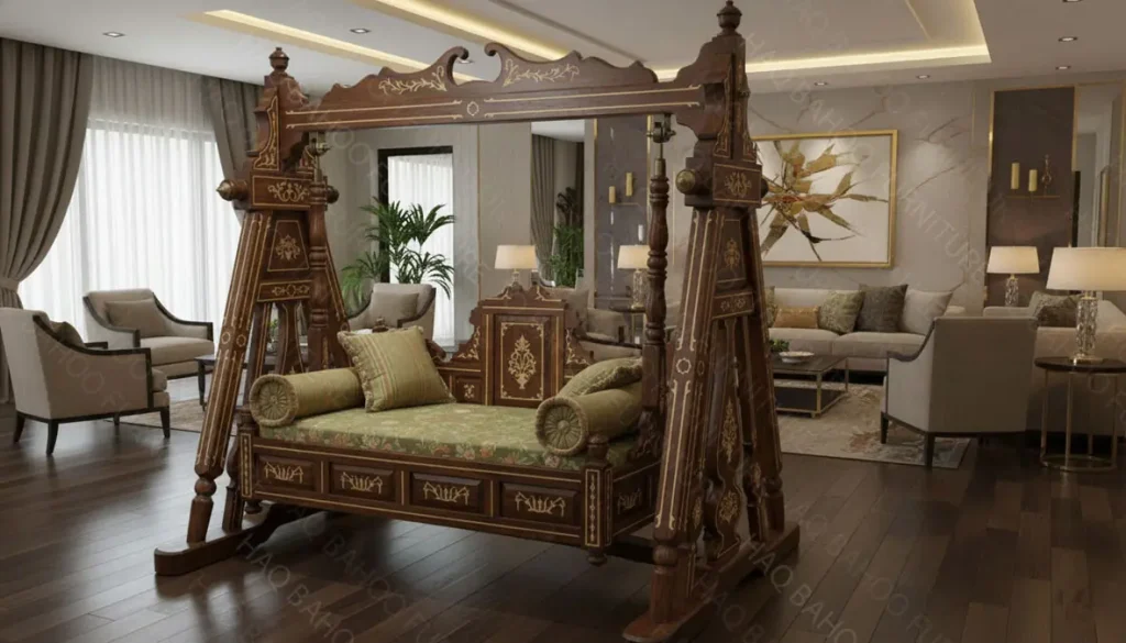 Rosewood inlay wooden two-seater swing – handcrafted wooden swing set by Haq Bahoo Furniture Pakistan