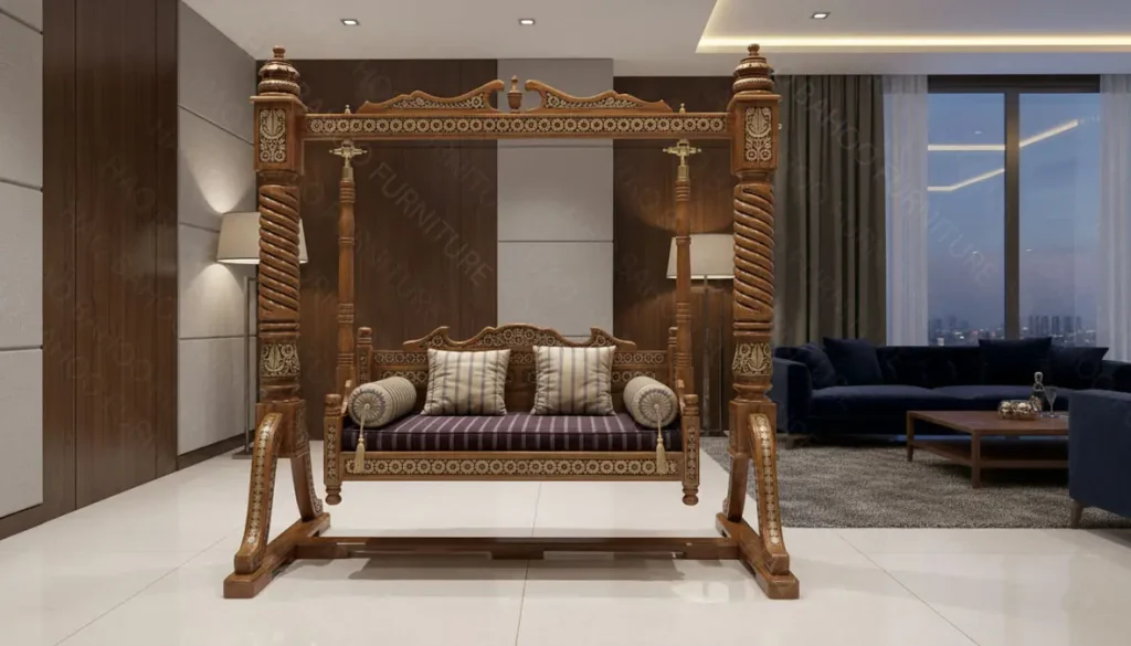 Spiral shape wooden swing for outside – handcrafted rosewood outdoor swing set by Haq Bahoo Furniture