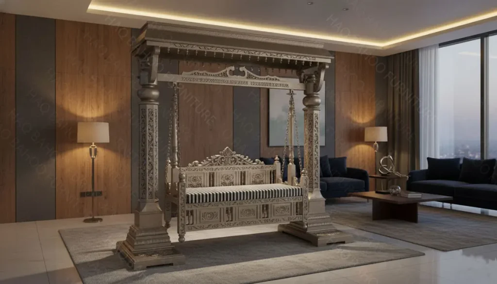 Handmade silver garden swing – carved rosewood indoor and shaded outdoor swing by Haq Bahoo Furniture